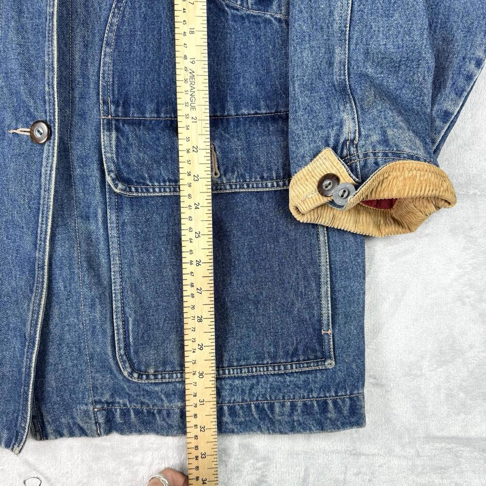 Vintage Eddie Bauer Women Denim Jean Chore Jacket Long Coat Dual Pocket Size L - Picture 5 of 9